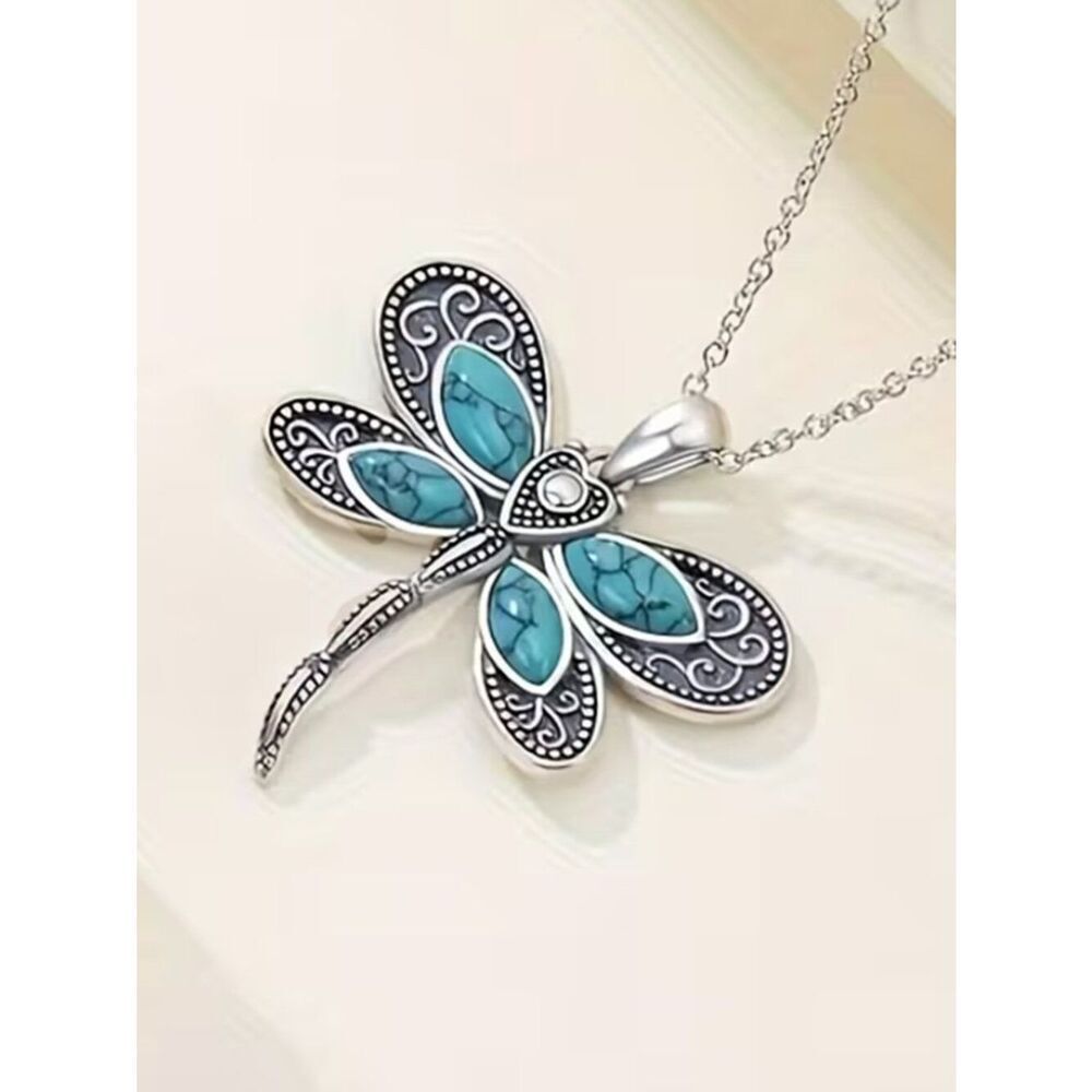 Boho Dragonfly Pendant Inlaid Faux Turquoise Intricate Carved Patterns Necklace
